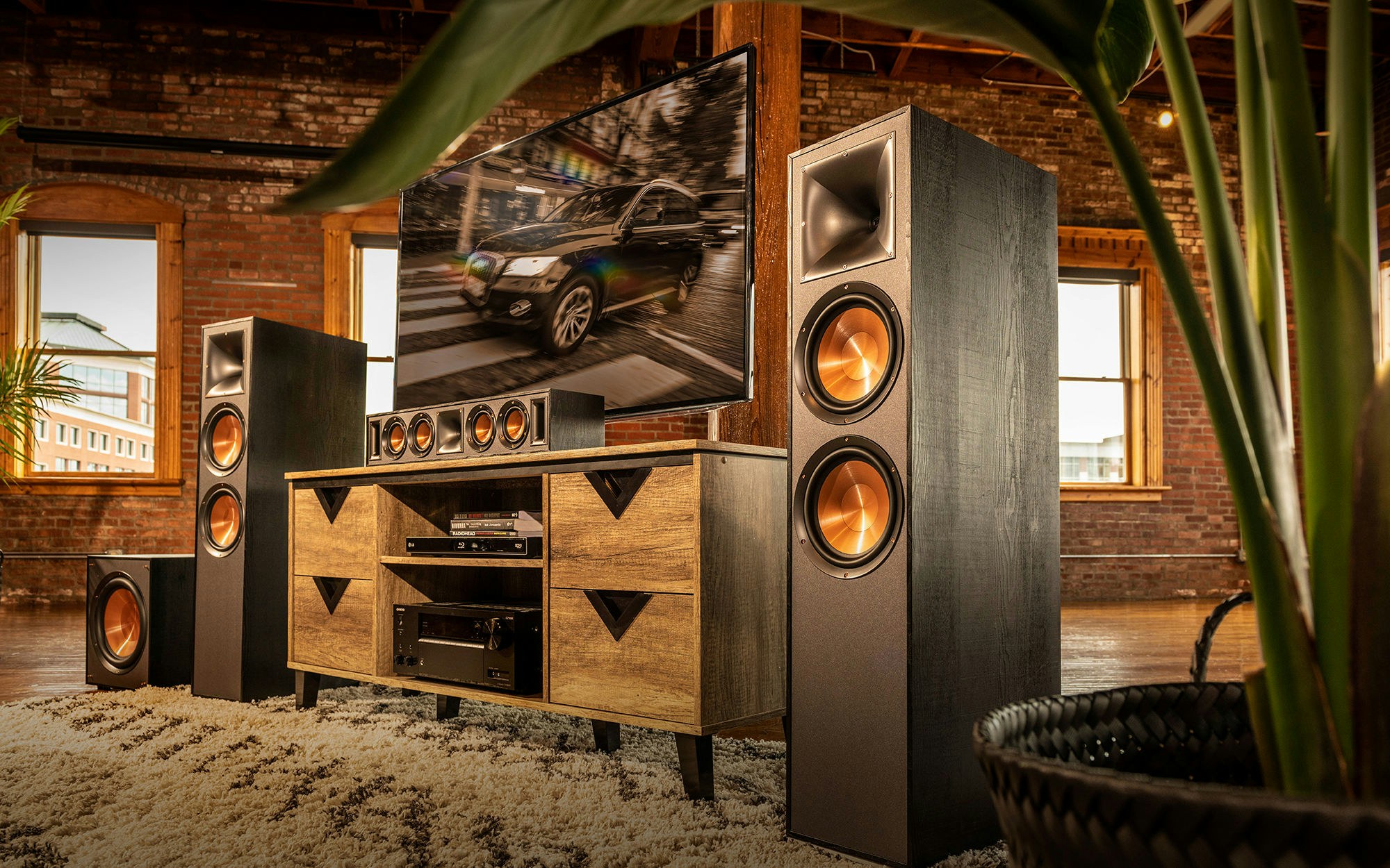 Speaker system with tv in a living room